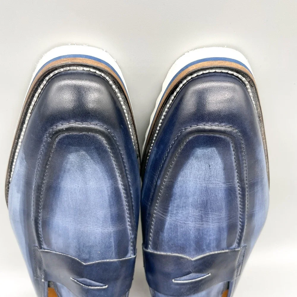 Jose Real Mens 45 Platform Penny Loafer Shoes Blue Burnished Leather Classic